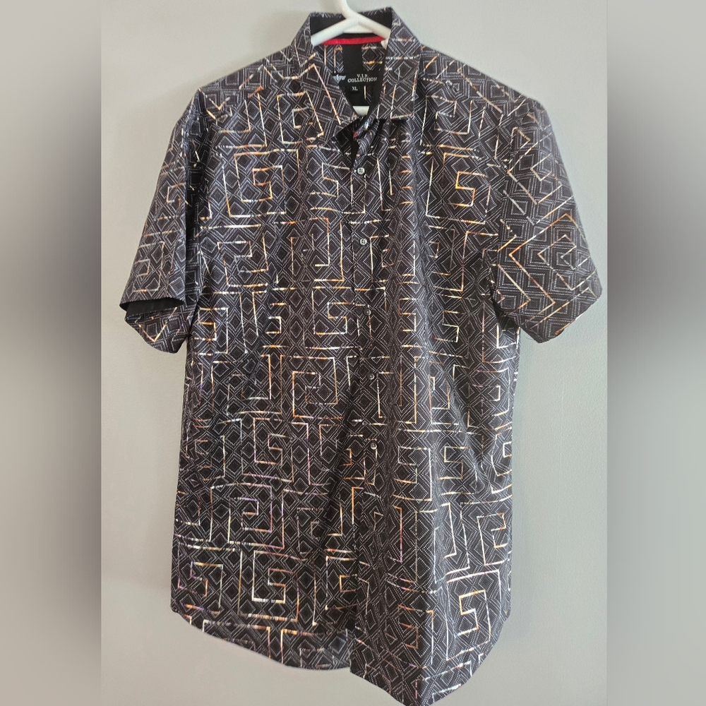 Men's Italian fashion Button Down Short Sleeves Shirt Black/Gold‎ VIP collection